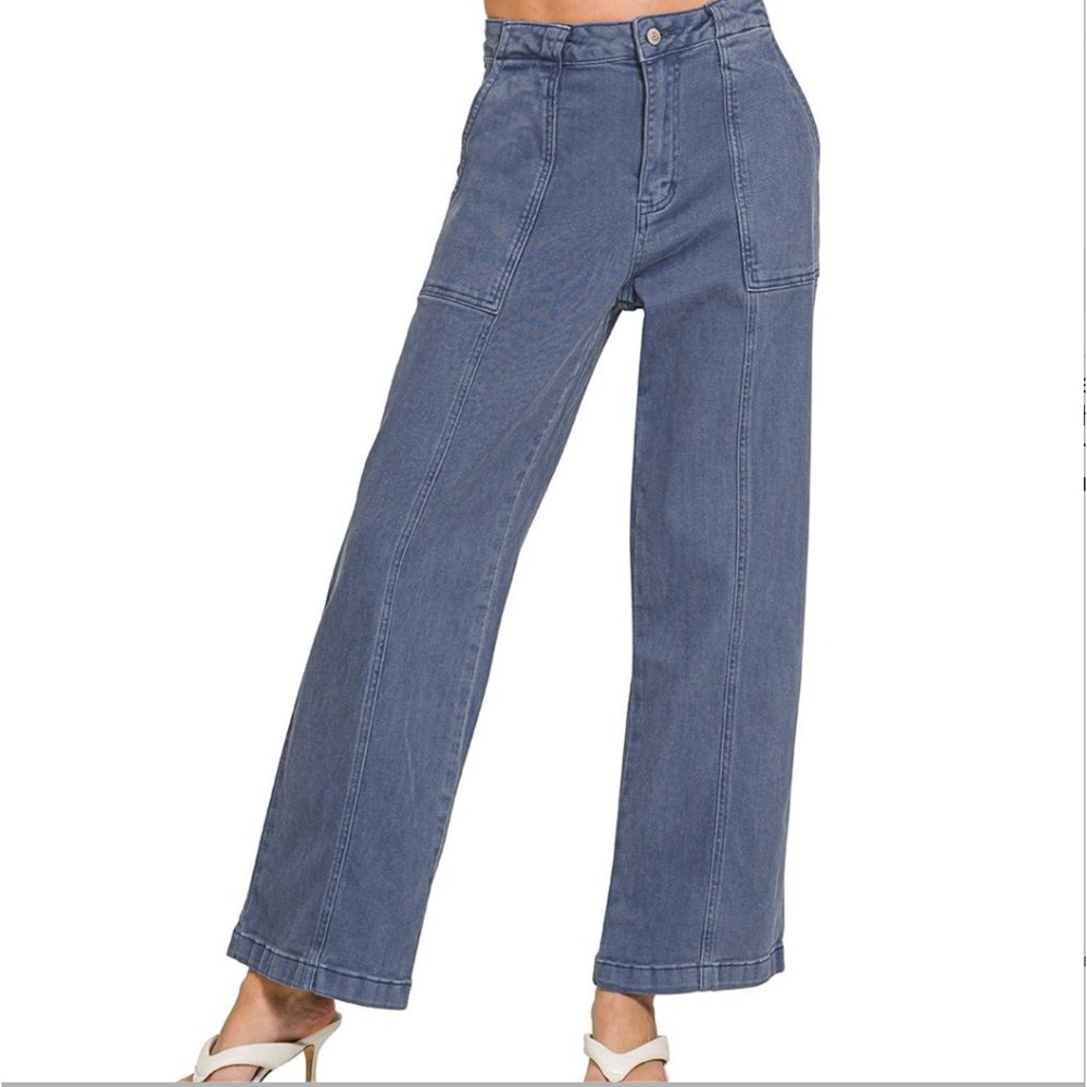 Zenana Wide Leg Pants Womens XL Dark Grey High Rise Cargo Seam Detail Cotton